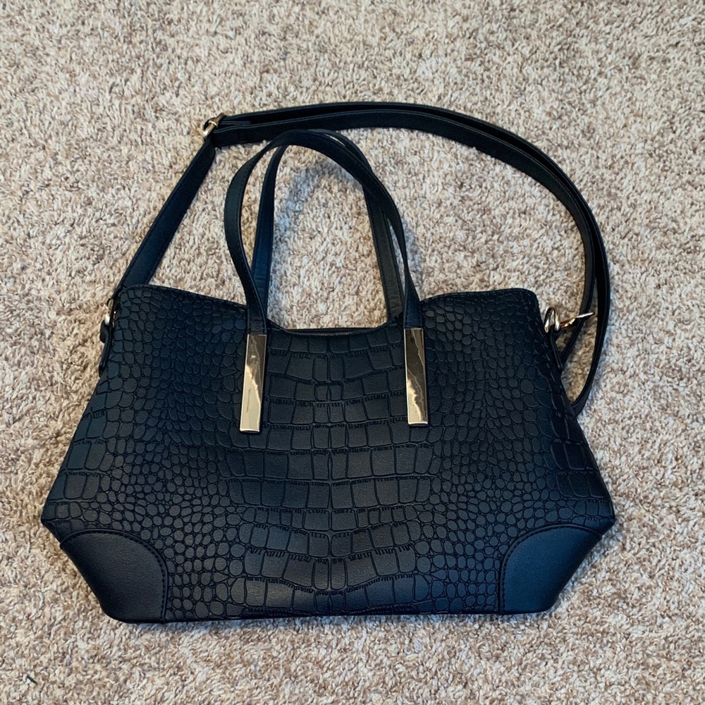 Elegant Black Crocodile-Embossed Handbag